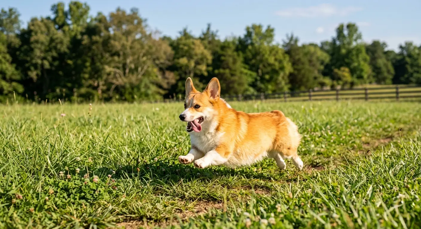 A corgi joyfully runs through a grassy field with its tongue out, surrounded by lush green trees under a clear blue sky.
