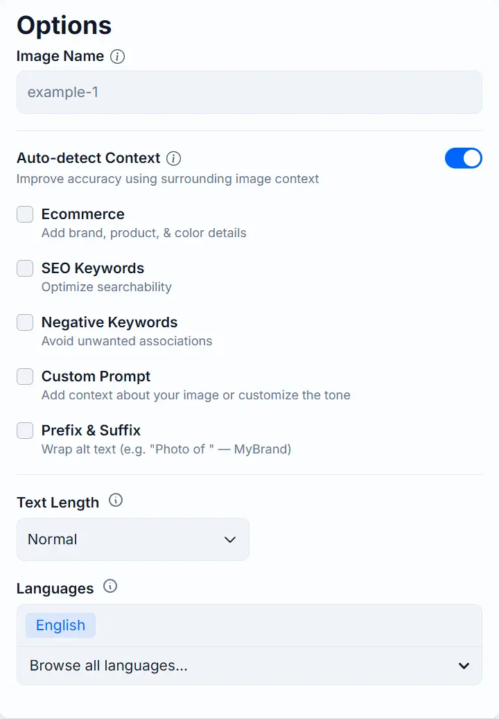 Options menu for Alt Text Studio displaying settings for image naming, auto-detect context, ecommerce details, SEO keywords, negative keywords, custom prompt, and prefix & suffix with selections for text length and languages, currently set to English.